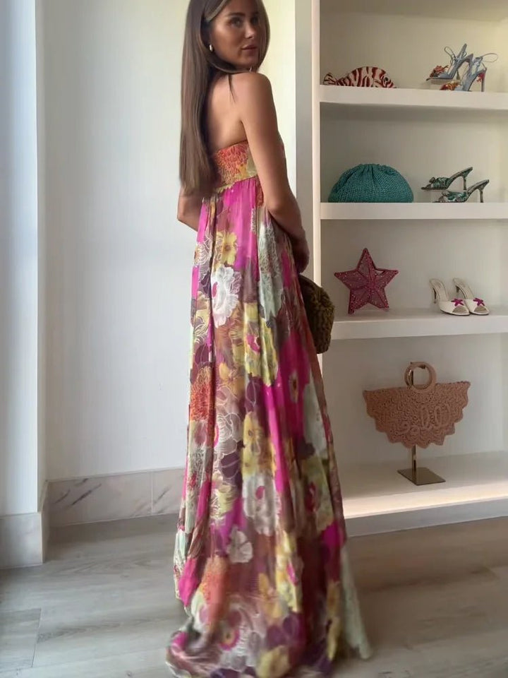 Women's Strapless Floral Floor-Length Maxi Wedding Guest Dress