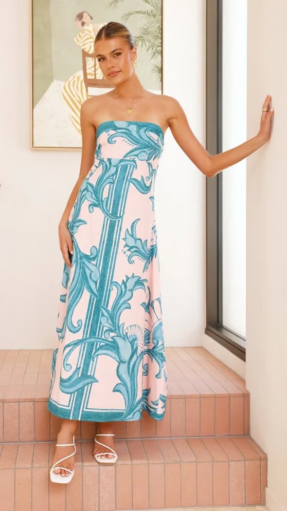 Women's Strapless Maxi Dress Vintage Blue Baroque Print - Light Blue