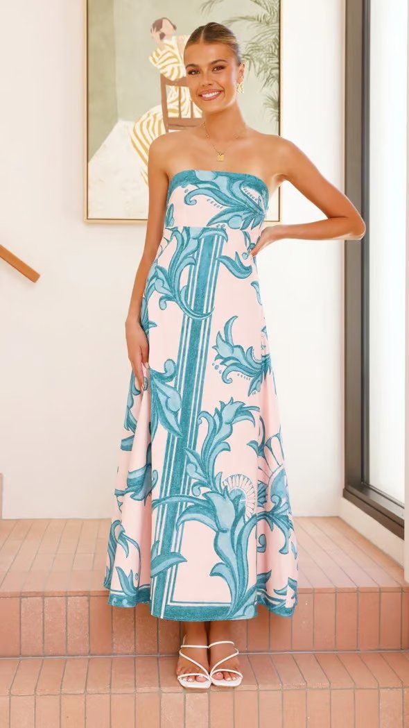 Women's Strapless Maxi Dress Vintage Blue Baroque Print