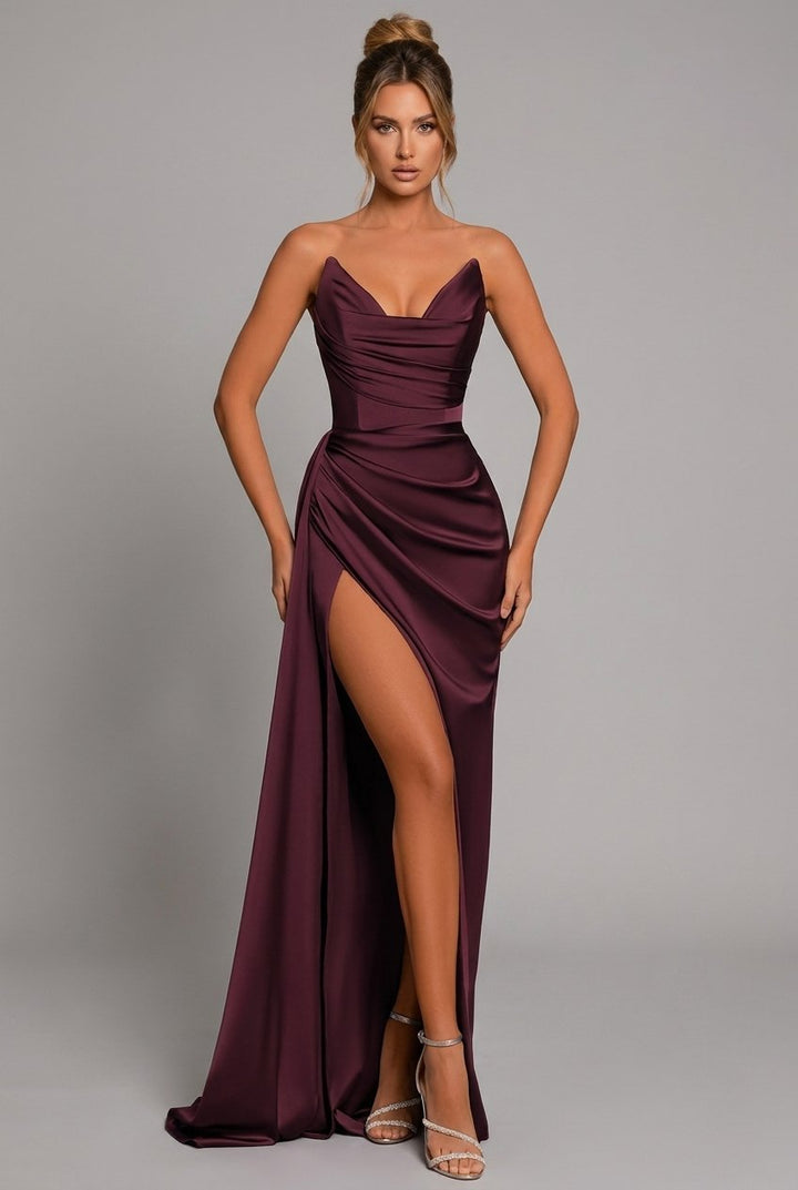 Women's Strapless Satin Ruched High-Slit Formal Maxi Gown - Crimson Red