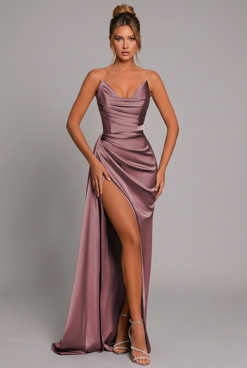 Women's Strapless Satin Ruched High-Slit Formal Maxi Gown - Dusty Rose
