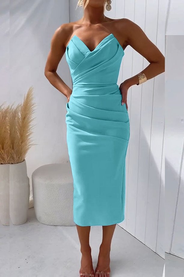 Women's Strapless Sweetheart Draped Fitted Midi Dress - Turquoise