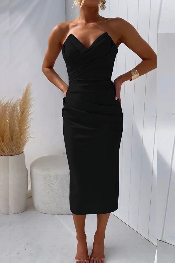 Women's Strapless Sweetheart Draped Fitted Midi Dress - Black