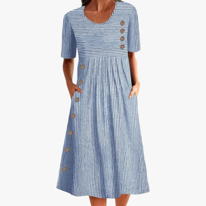 Women's Striped Button-Detail Short-Sleeve Midi Dress Pockets