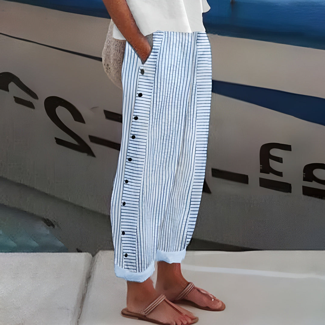 Women's Striped Straight-Leg Elastic-Waist Side-Pocket Pants - Blue