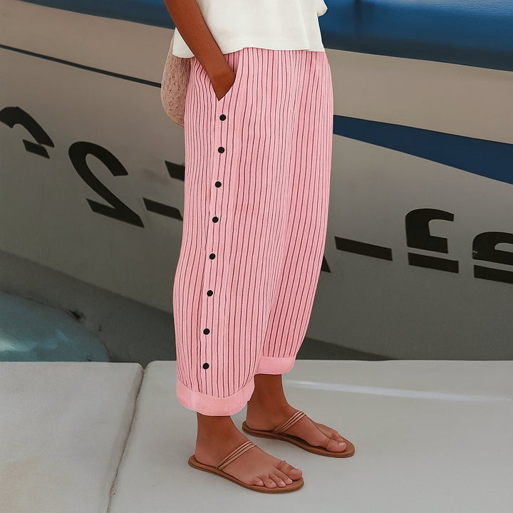 Women's Striped Straight-Leg Elastic-Waist Side-Pocket Pants - Pink