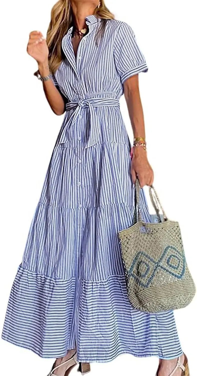 Women's Striped Tiered-Ruffle Tie-Waist Button-Down Maxi Shirt Dress - Blue