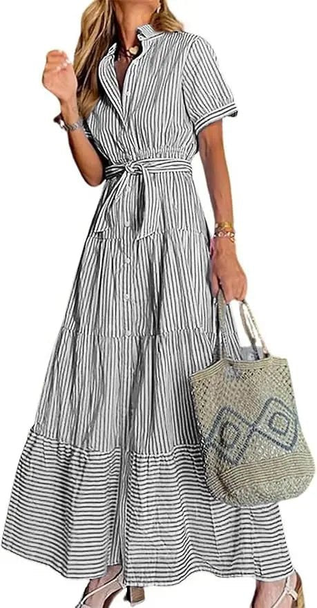 Women's Striped Tiered-Ruffle Tie-Waist Button-Down Maxi Shirt Dress - Black