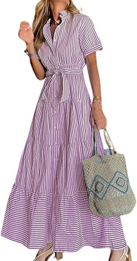 Women's Striped Tiered-Ruffle Tie-Waist Button-Down Maxi Shirt Dress - Purple