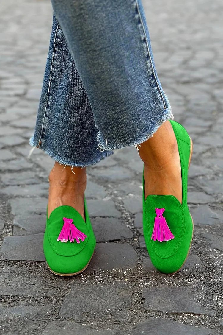 Women's Suede Tassel-Accent Slip-On Flat Loafers - Green