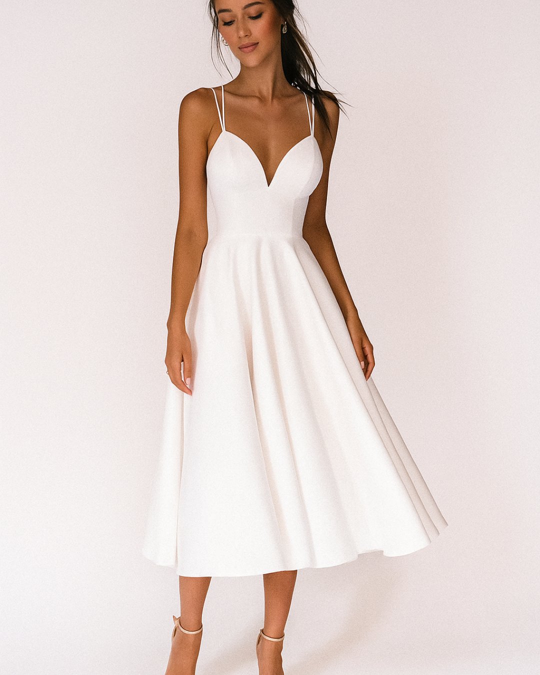 Women's Sweetheart Spaghetti Strap A-Line Midi Wedding Guest Dress - Wit
