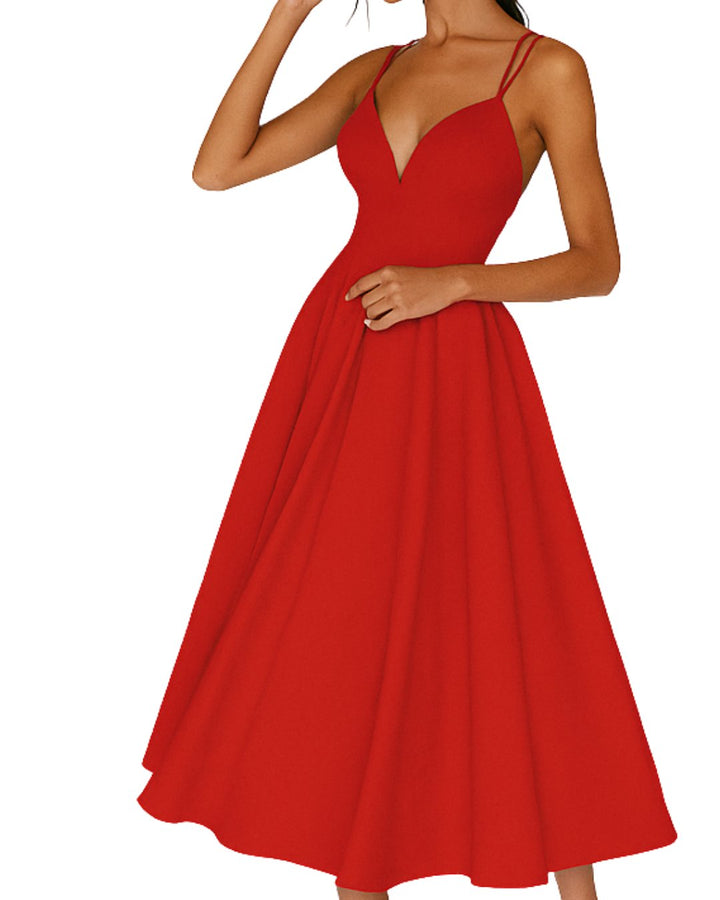 Women's Sweetheart Spaghetti Strap A-Line Midi Wedding Guest Dress - Rood