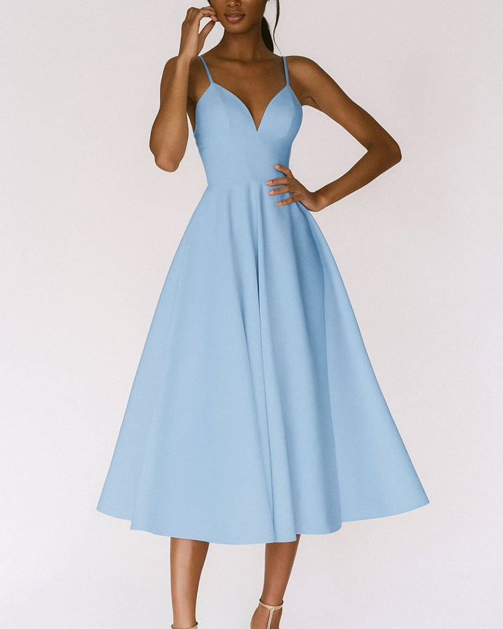 Women's Sweetheart Spaghetti Strap A-Line Midi Wedding Guest Dress - Blauw