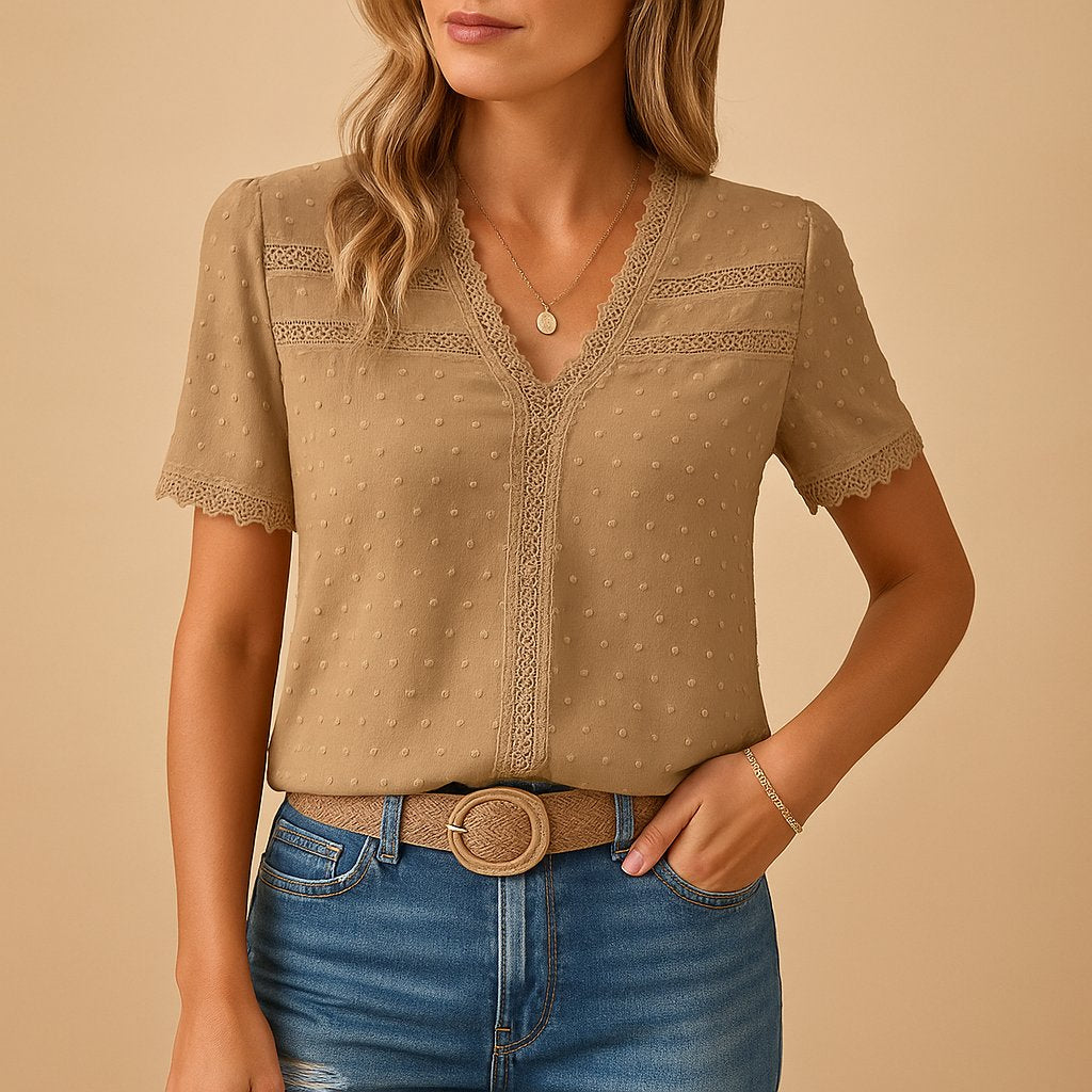 Women's Swiss Dot V-Neck Lace Trim Short Sleeve Blouse - Khaki
