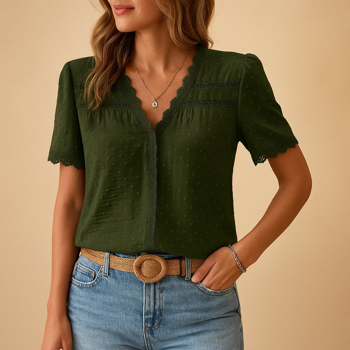 Women's Swiss Dot V-Neck Lace Trim Short Sleeve Blouse - Army Green