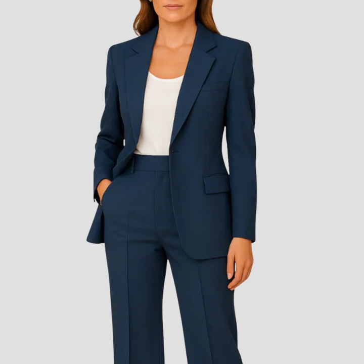 Women's Tailored Single-Button Blazer Straight-Leg Pants Two-Piece Suit - Navy Blue