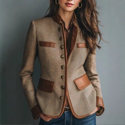Women's Tailored Tweed Faux-Leather Trim Button-Front Blazer Jacket - Brown