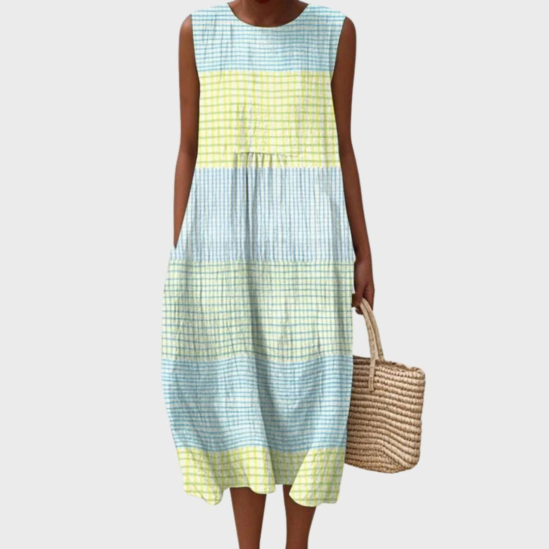 Women's Tiered Linen Plaid Sleeveless Midi Dress - Light Blue
