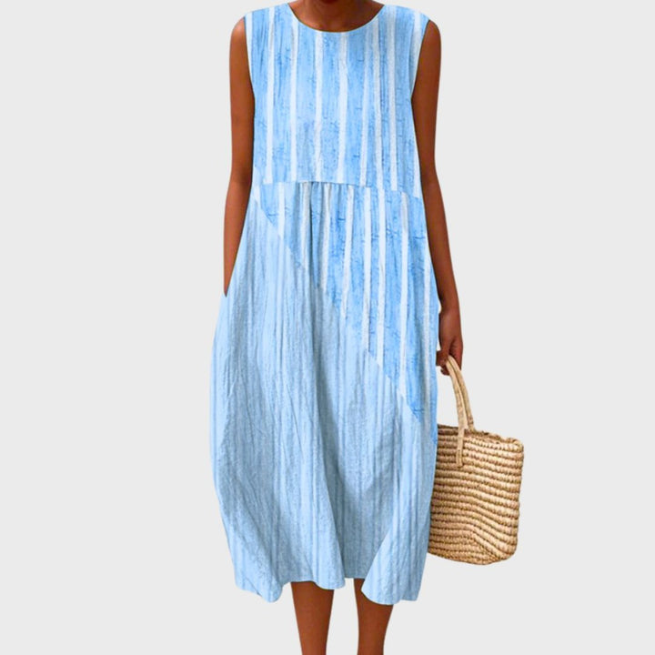 Women's Tiered Linen Plaid Sleeveless Midi Dress - Light Blue 2