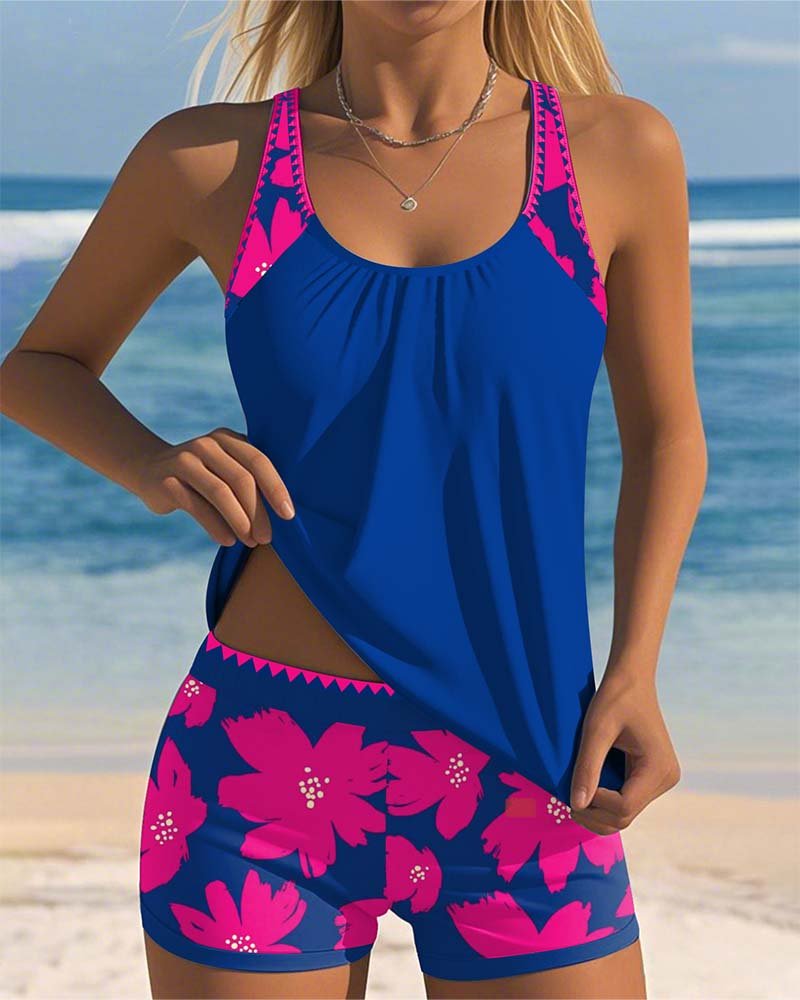 Women's Tummy-Control Floral Racerback Tankini Swim Set - Pink