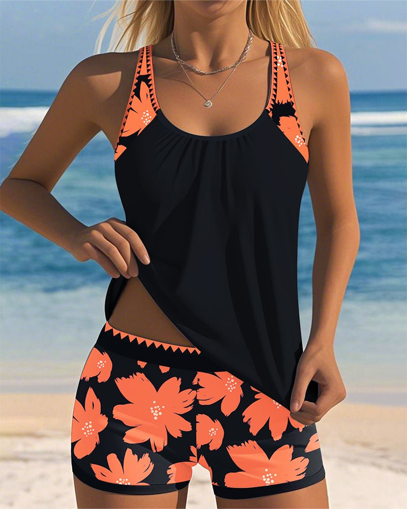 Women's Tummy-Control Floral Racerback Tankini Swim Set