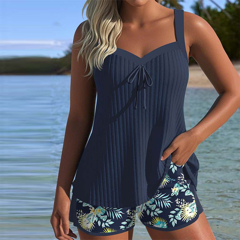 Women's Tummy-Control Sweetheart Tankini Two-Piece Swimsuit Shorts Set - Navy Blue