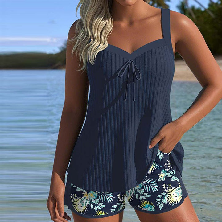Women's Tummy-Control Sweetheart Tankini Two-Piece Swimsuit Shorts Set - Navy Blue