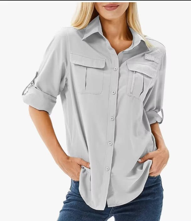 Women's UPF 50 Roll-Up Sleeve Outdoor Hiking Shirt - Light Grey
