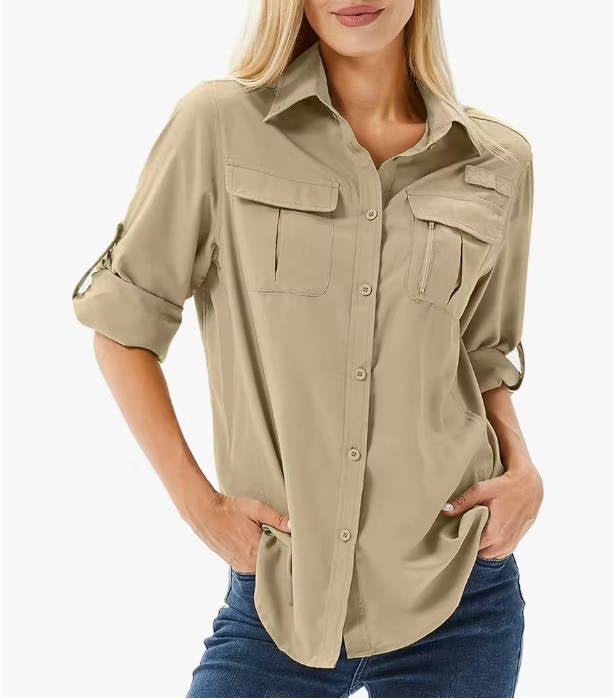 Women's UPF 50 Roll-Up Sleeve Outdoor Hiking Shirt - Yellow