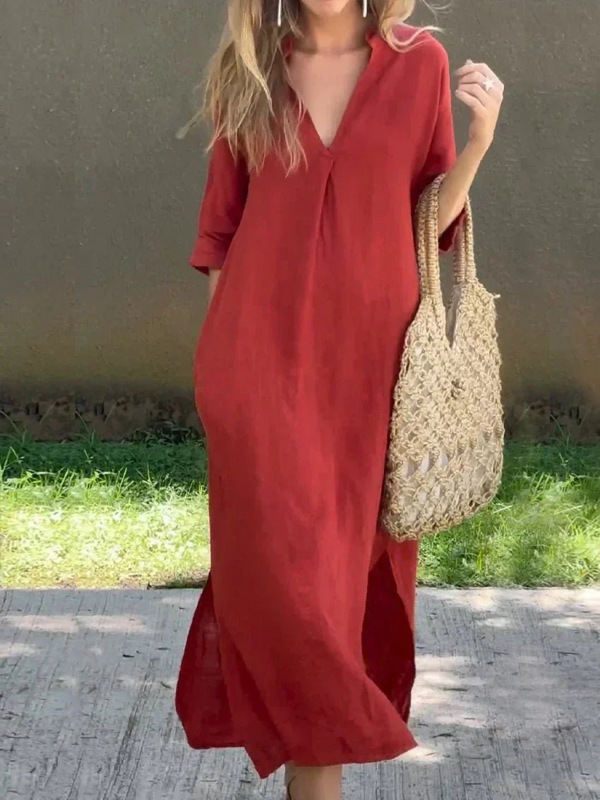 Women's V-Neck 3/4 Sleeve Cotton Linen Maxi Dress - Red (Almost sold out)