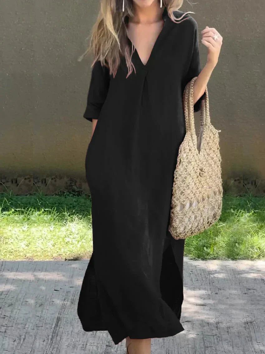 Women's V-Neck 3/4 Sleeve Cotton Linen Maxi Dress - Black (Almost sold out)