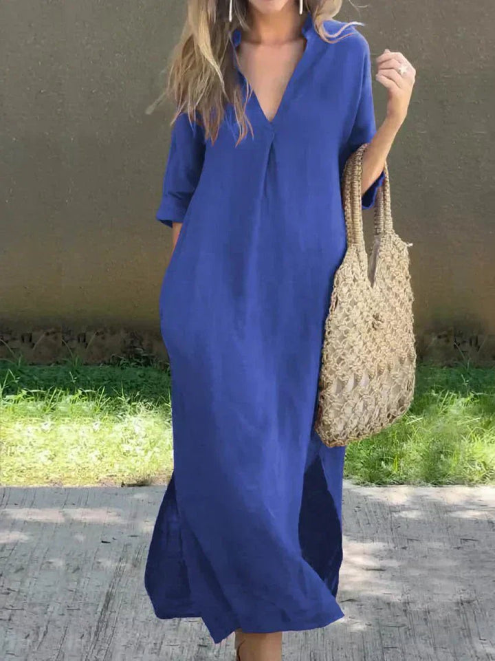 Women's V-Neck 3/4 Sleeve Cotton Linen Maxi Dress - Blue