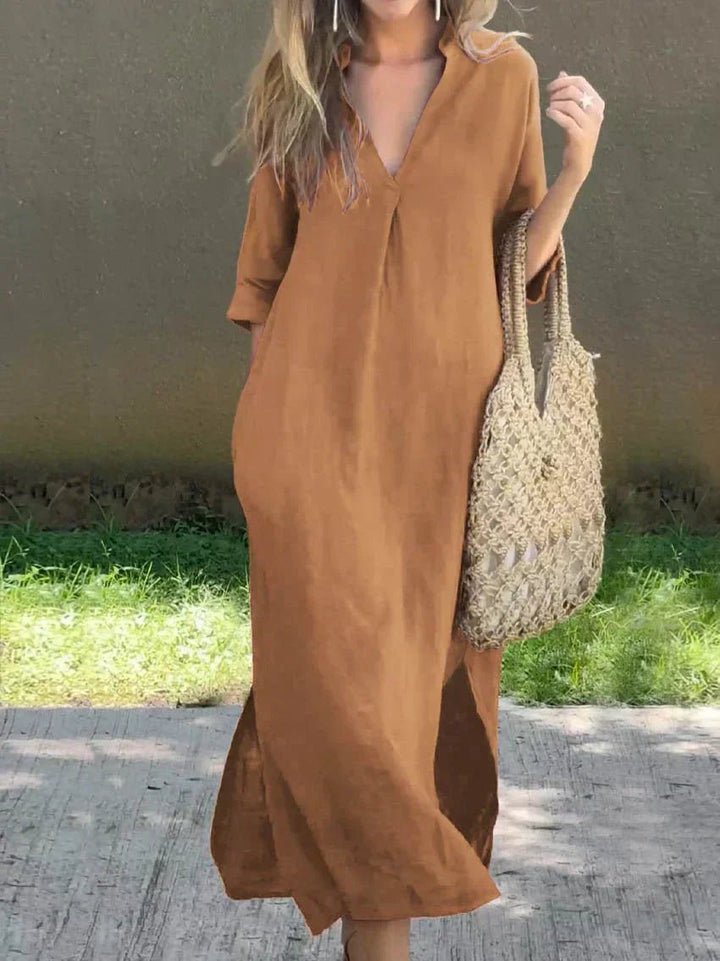 Women's V-Neck 3/4 Sleeve Cotton Linen Maxi Dress - Brown