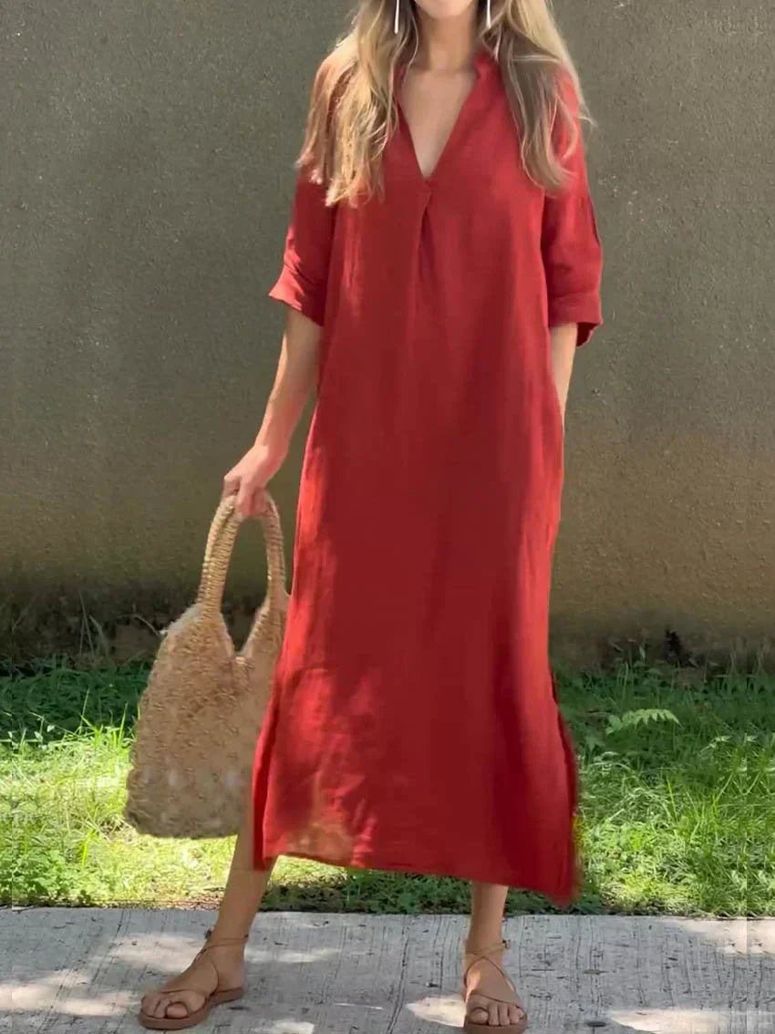 Women's V-Neck 3/4 Sleeve Cotton Linen Maxi Dress