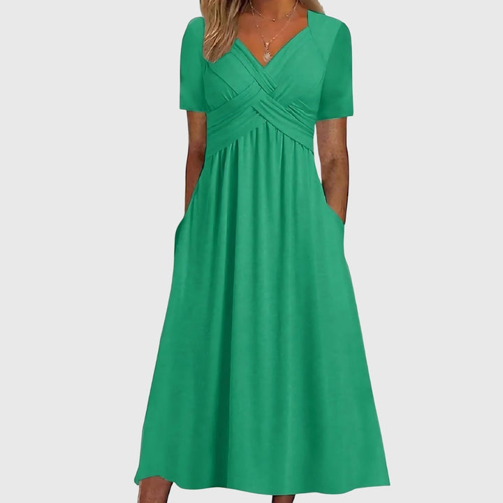 Women's V-Neck Cross-Ruched A-Line Tummy Control Midi Dress - Green