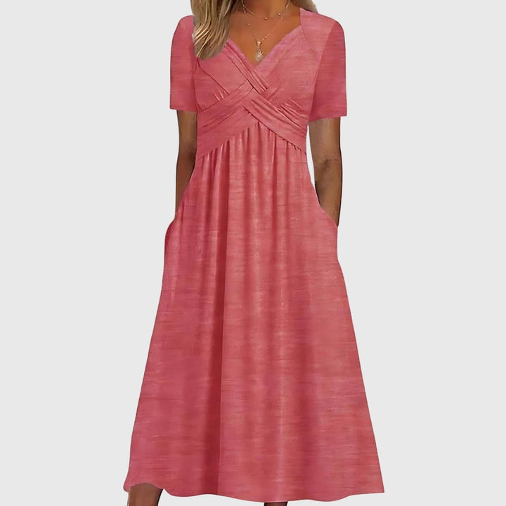 Women's V-Neck Cross-Ruched A-Line Tummy Control Midi Dress - Pink