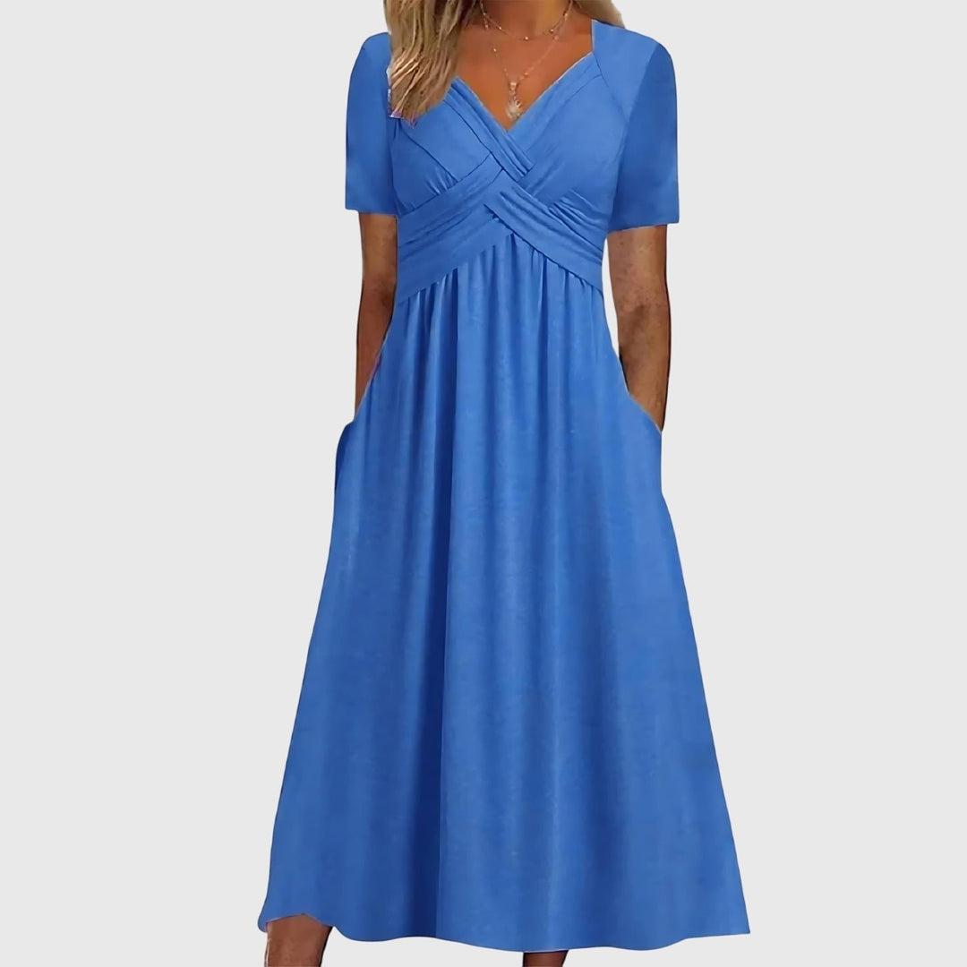 Women's V-Neck Cross-Ruched A-Line Tummy Control Midi Dress - Blue