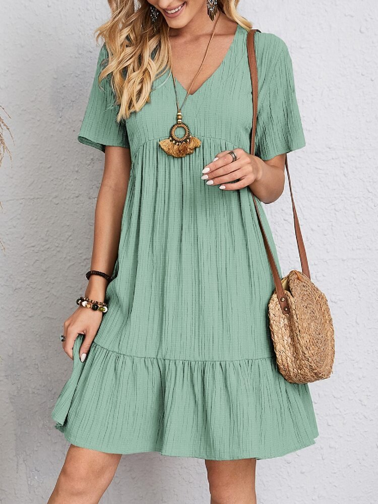 Women's V-Neck Short Sleeve Babydoll Tiered Ruffle Swing Dress - Light Green