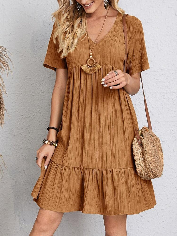 Women's V-Neck Short Sleeve Babydoll Tiered Ruffle Swing Dress - Brown