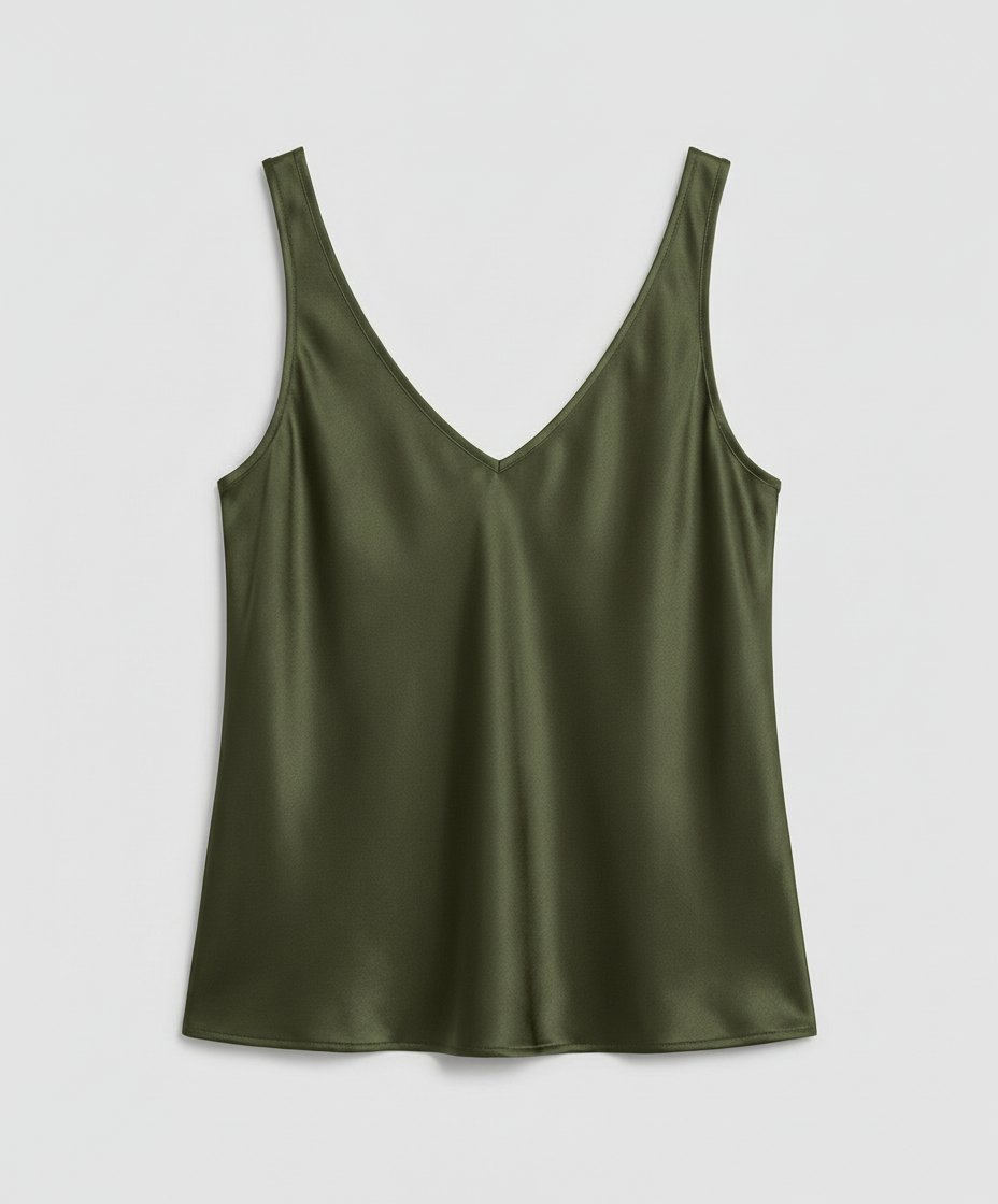Women's V-Neck Wide-Strap Relaxed-Fit Satin Camisole Top - Army Green