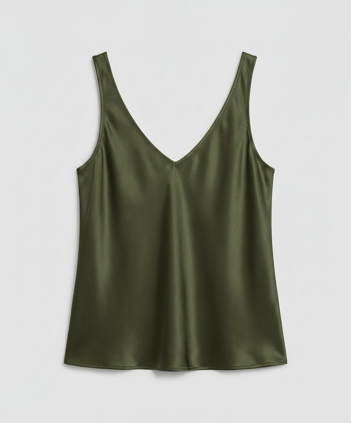 Women's V-Neck Wide-Strap Relaxed-Fit Satin Camisole Top - Army Green