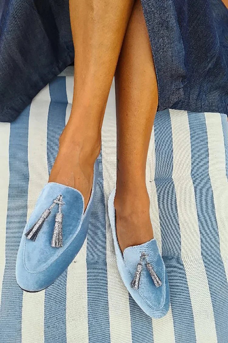 Women's Velvet Silver Tassel Pointed-Toe Slip-On Loafer Flats - Blue