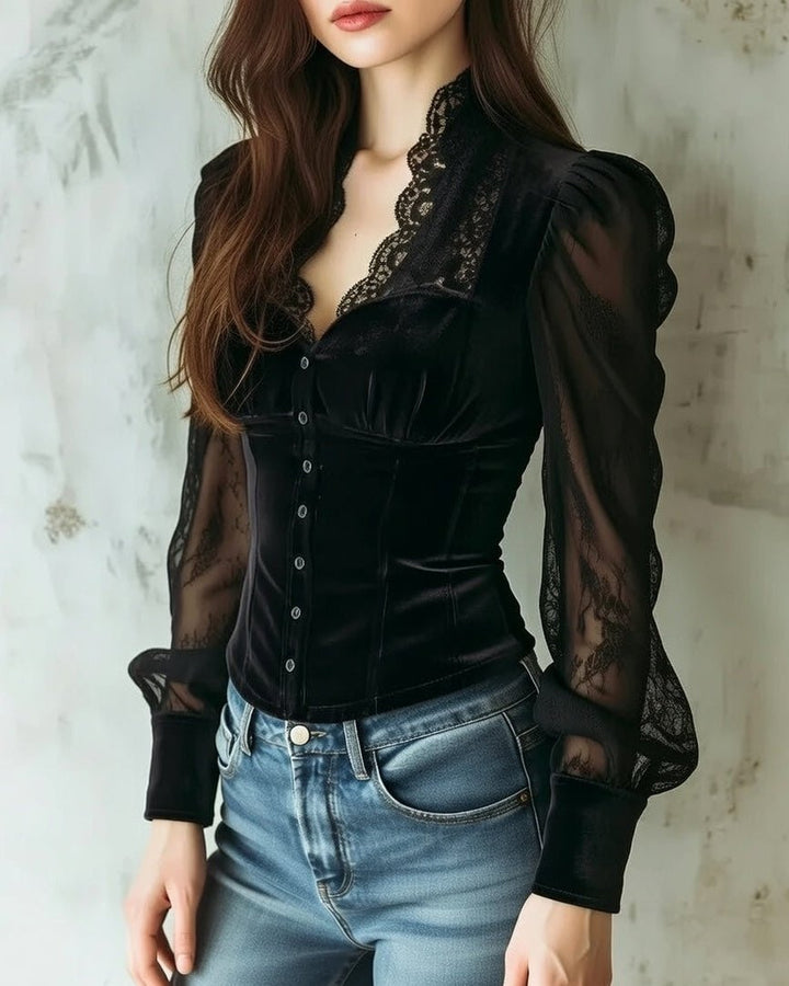 Women's Victorian-Style Velvet Lace-Sleeve Button-Front Blouse