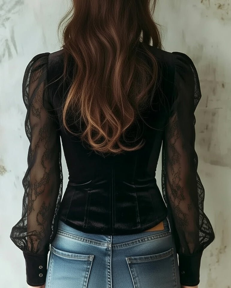 Women's Victorian-Style Velvet Lace-Sleeve Button-Front Blouse