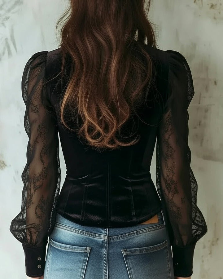Women's Victorian-Style Velvet Lace-Sleeve Button-Front Blouse