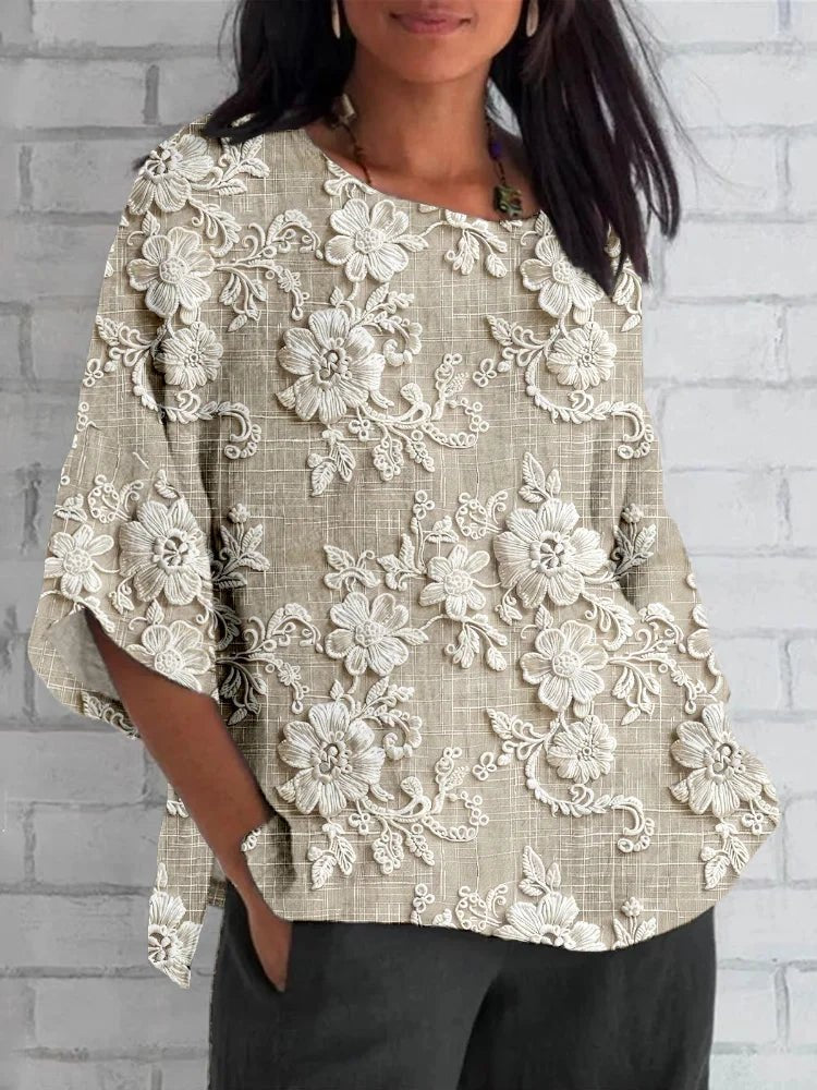 Women's Vintage Floral Relaxed-Fit 3/4 Sleeve Blouse Top - Khaki