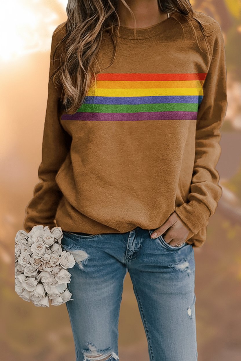 Women's Vintage Rainbow Striped Relaxed-Fit Crew Neck Sweatshirt - Yellow