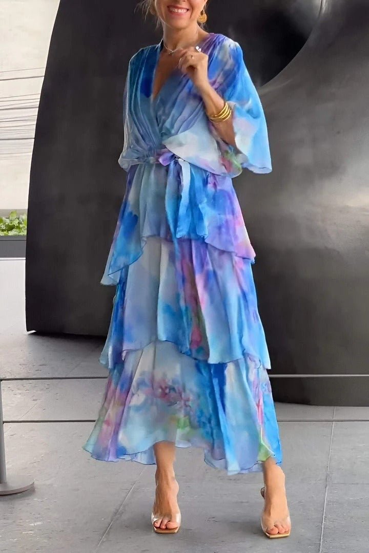 Women's Watercolor Floral Tiered Chiffon Maxi Dress V-Neck - Blue