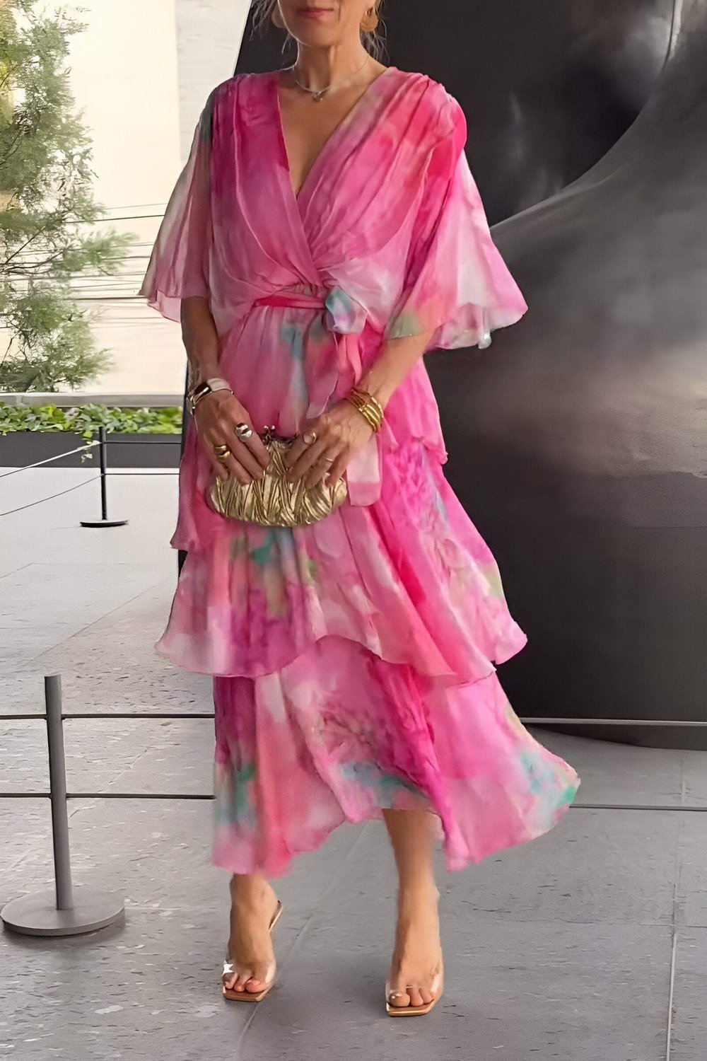 Women's Watercolor Floral Tiered Chiffon Maxi Dress V-Neck - Pink