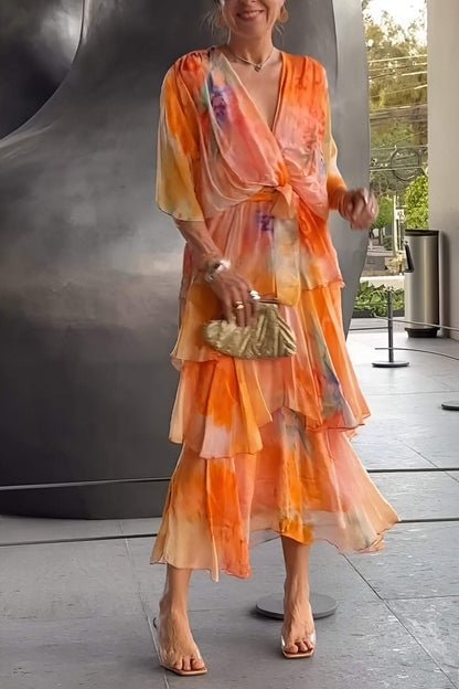 Women's Watercolor Floral Tiered Chiffon Maxi Dress V-Neck - Orange